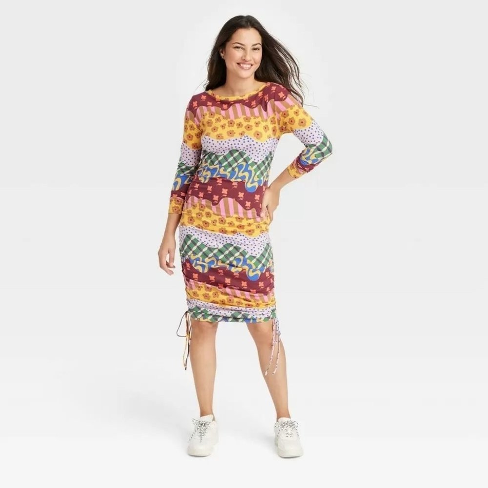 Latino Heritage Month Women's Long Sleeve Wavy Striped Drawcord Dress L Large